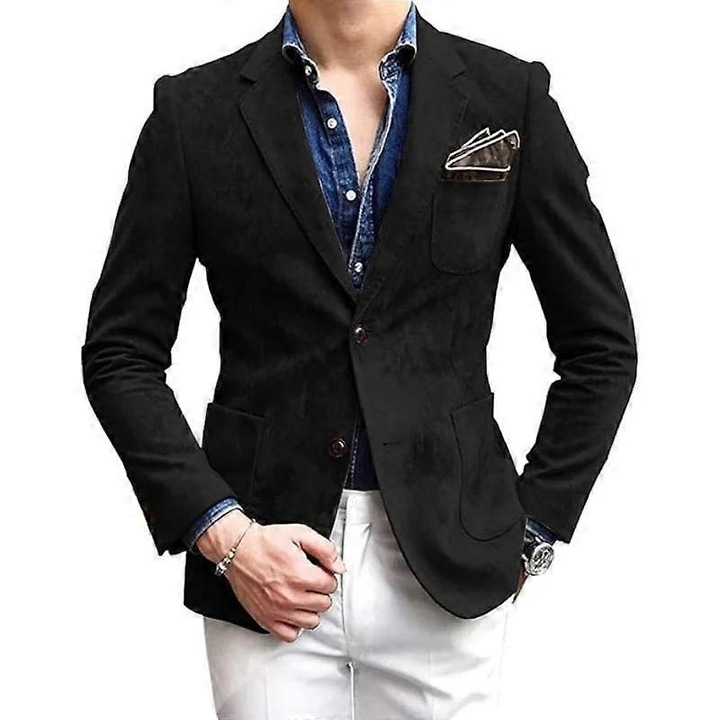 Férfi poliészter zakó, slim fit, kétgombos, rávarrt zsebekkel, fekete, S–2XL