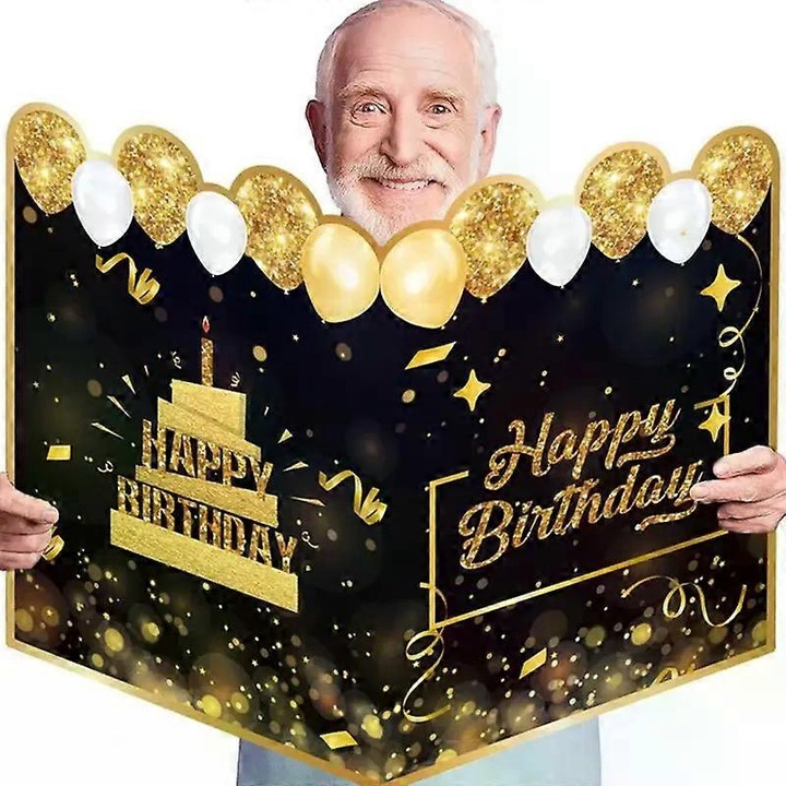Felicitare uriasa de ziua de nastere eMAG-CJ17-fr2608180131, din hartie, design elegant cu baloane si elemente aurii, negru/auriu, 55.6 x 40 cm