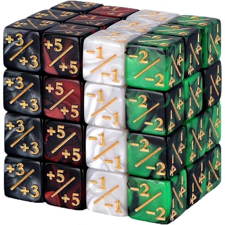 Set de countere zaruri D6 pentru Magic: The Gathering, acril, 16 mm, marcaje aurii (+5/+3/-1/-2), multicolor, 48 buc.