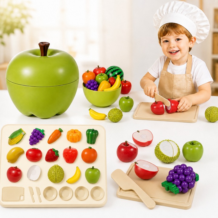 Set Fructe si Legume Pentru Taiat Infiniteea™, 23 Piese, Conexiune Velcro, Cutit, Tocator, Farfurii, Cutie Depozitare Forma de Mar, Jucarie Educativa Copii, 3+ ani, Multicolor