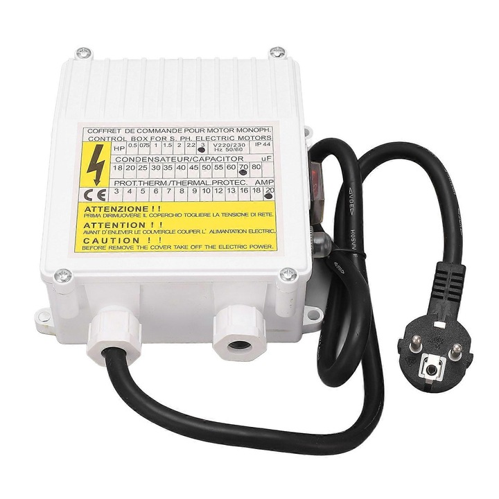 Cutie de comanda pentru pompa submersibila de put eMAG-CJ17-fr2608180095, 2.2 kW (3.0 HP), condensator 70 µF, protectie termica 20 A, 220 V, alb, cablu cu stecar EU