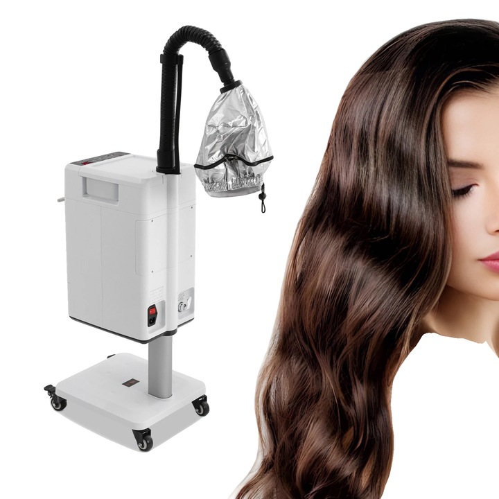 Парен уред за коса 8785368854725, 500W, резервоар 1000 ml, регулируема температура 0–60°C (7 степени), таймер 0–60 мин, 4 нива на пара, LCD дисплей, 4 колела (2 със спирачки), бял, 34×32.1×114 cm