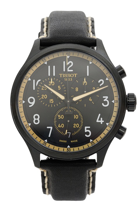 Tissot, Часовник с хронограф и кожена каишка, Черен