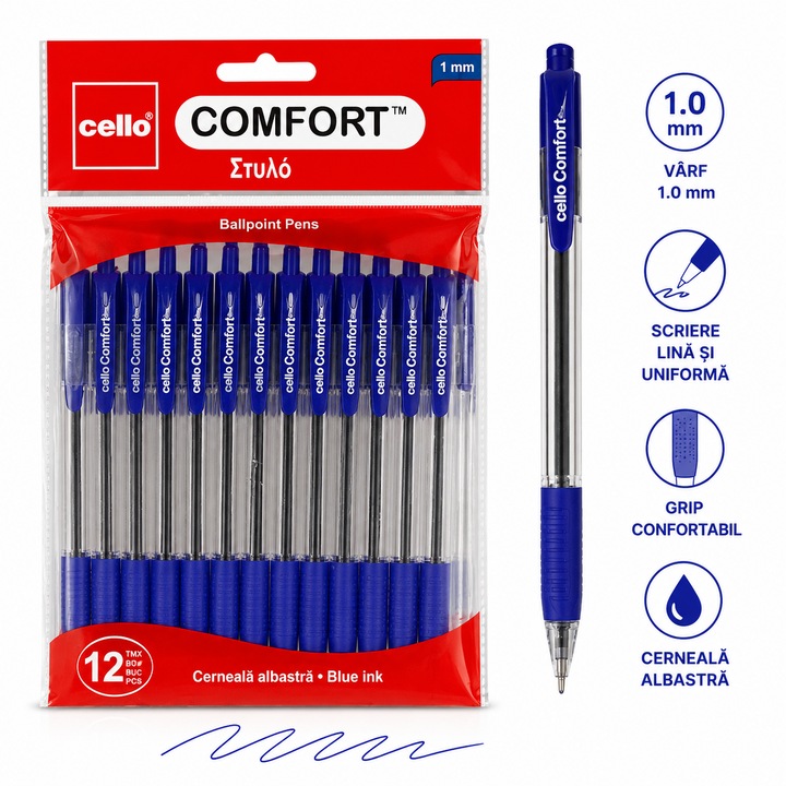 Комплект от 12 химикалки Comfort с грип, прозрачно тяло, синьо мастило, връх 1.0 мм, гладко писане, за училище и офис