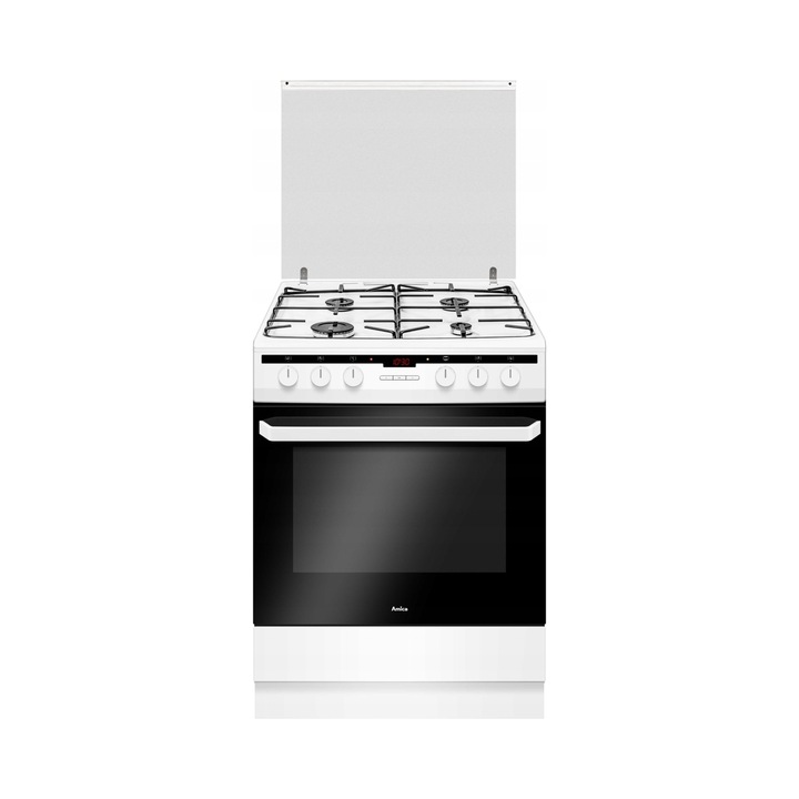 Kuchena mixta gaz-electric Amica 618GEH3.33HZpTaN(W), termoobieg, 4 arzatoare, grill electric, curatare cu abur si email EasyClean, alb, 60 cm, cuptor 62 l, clasa energetica A