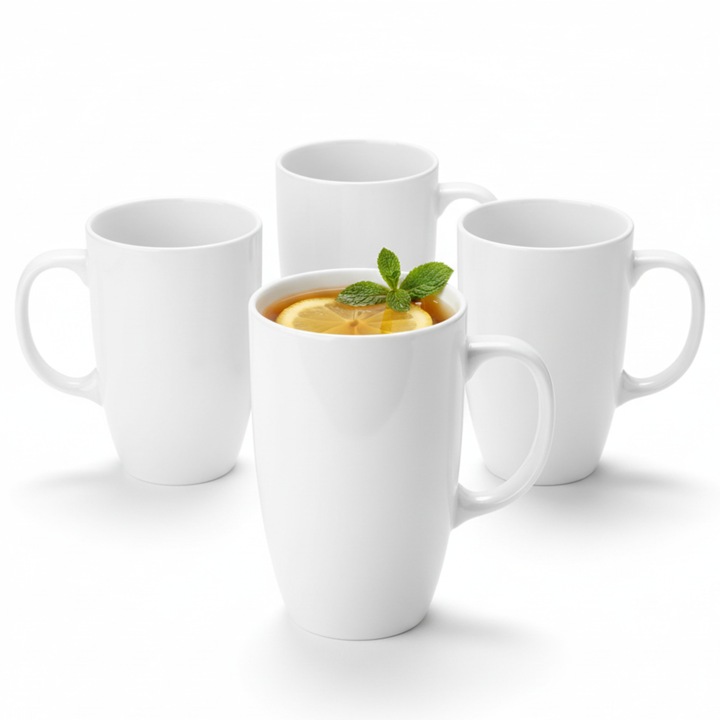 Set 4 Cani Cafea Ceai WILMAX, Cana Portelan Alba Pura Premium, 630 ml, Design Elegant Modern Minimalist, Calitate Superioara, Rezistenta Spalare Masina, Pentru Bucatarie si Ocazii Speciale