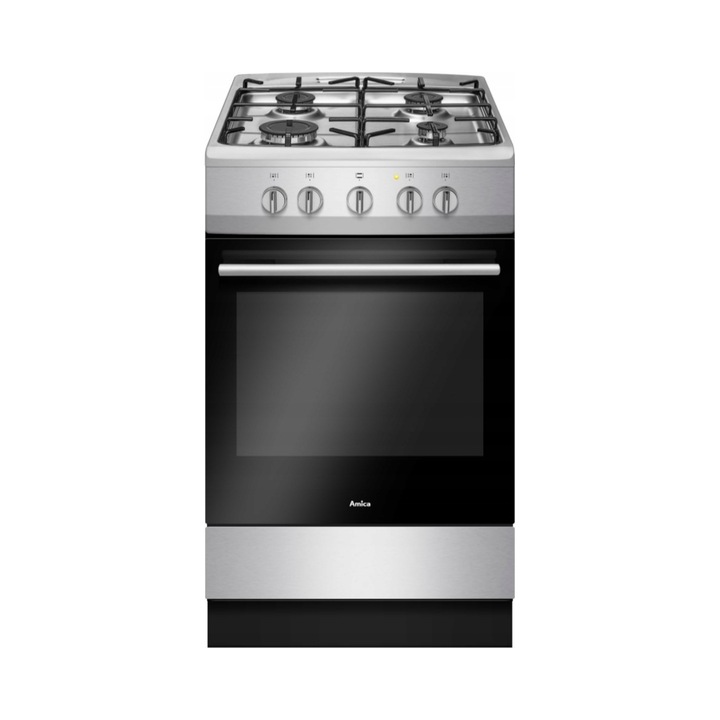 Aragaz pe gaz Amica 57GGH1.23OFP(Xv), 4 arzatoare, cuptor gaz 56 l, clasa energetica A, protectie antipierdere gaz si email EasyClean, inox, 50 cm