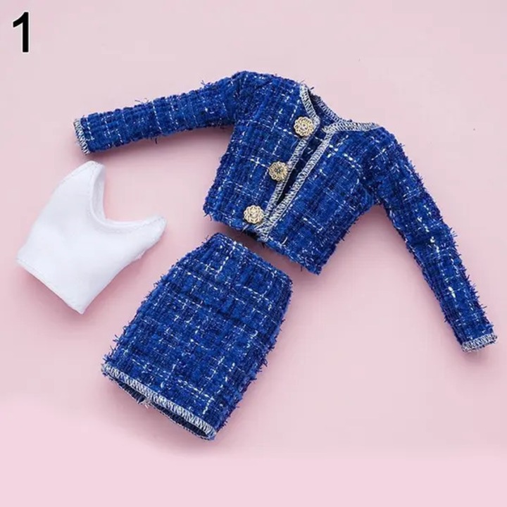 Set haine pentru papusi 1/6 din tweed, sacou si fusta cu top, 3 piese, albastru, 29–32 cm