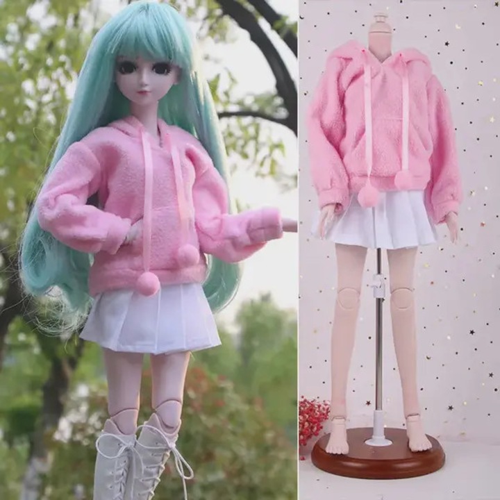 Hanorac pentru papusi BJD 1/3 din plus cu gluga si ciucuri, roz, 60 cm