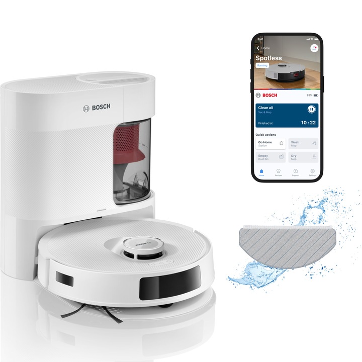 Robot de aspirare Bosch Spotless Advanced BCRD2W, 5.700 mAh, putere maxima 11000 PA, Recipient de praf: 0,4 l, Statie de incarcare si golire, functie anti-incurcare, Home Connect, Alb