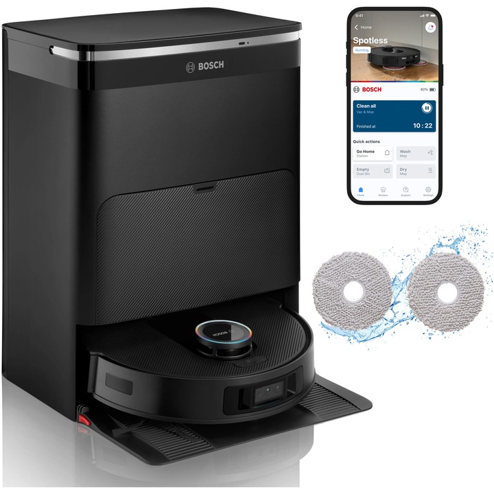 Robot de aspirare Bosch Spotless Max BCRDW3BX, 5.700 mAh, putere maxima 11000 PA, Recipient de praf: 0,3 l, Rezervor apa curata (statie): 4,0 l, Statie de service uscat-umed, functie anti-incurcare, Smart Vision, Home Connect, Negru