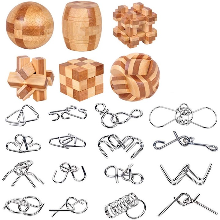 Set 22 Puzzle Metal si Lemn, Jocuri Minte IQ, Cadou Copii Adulti