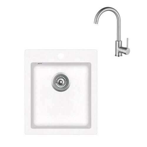 Pachet Aquasanita chiuveta patrata, silicsana, alba, cu baterie cartus ceramic, inox mat