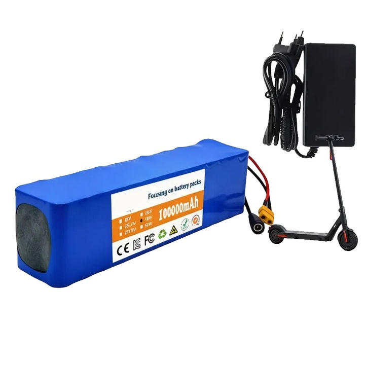 Baterie litiu-ion 48V 100Ah 13S-3P cu BMS, curent nominal 30A (max 90A), conexiune XT60 si incarcator DC, albastru, 238×66×60 mm, 1.8 kg, 8785366180727