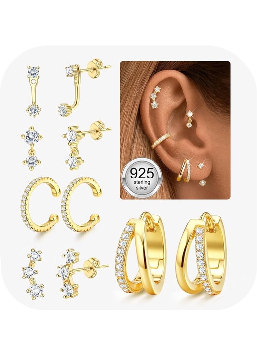 Set 5 Perechi Cercei Argint 925 Placat Aur 14K Cu Zirconiu, Hipoalergenici