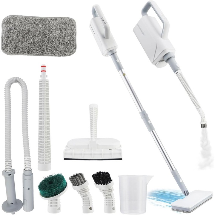 Aparat cu Aburi Multifunctional, BEDEE, 1500W, Mop Curatare Podele si Covoare, Presiune 15.1-20KPA, Vacuum 2000Pa, Maner Reglabil 74-128cm, Rezervor 360ml, Abur 110°C, Set 12 Accesorii, Alb