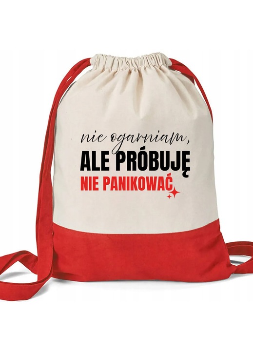 Бежово-червена чанта тип раница "Не се паникьосвай" за пазаруване, училище, подарък