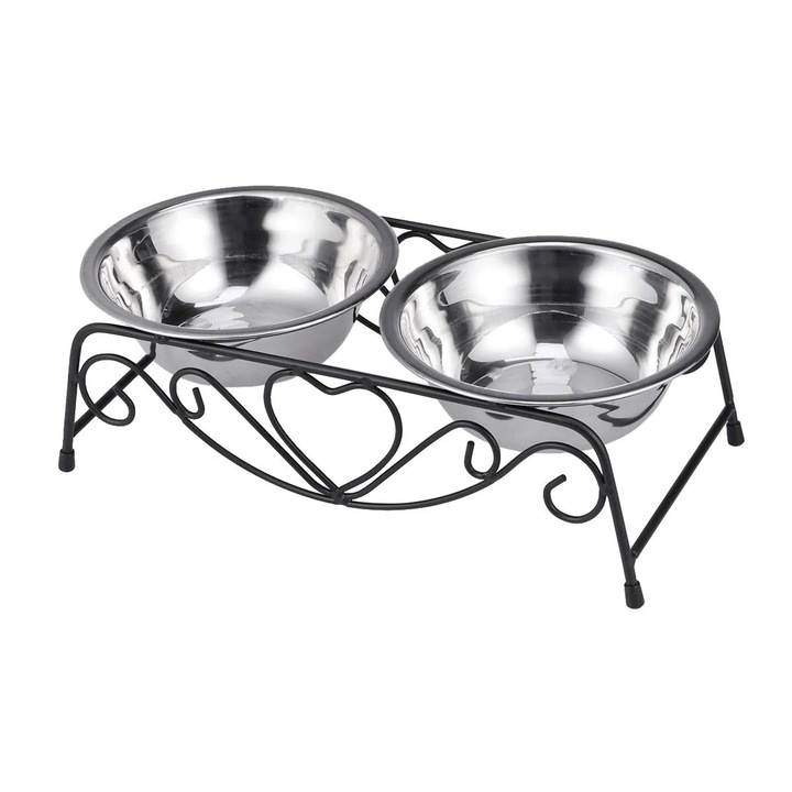 Bol dublu pentru caini ZYBLSSBB LSM2xh2883-BCS0389084, inox, boluri detasabile cu suport metalic decor inima, negru/argintiu, marime S