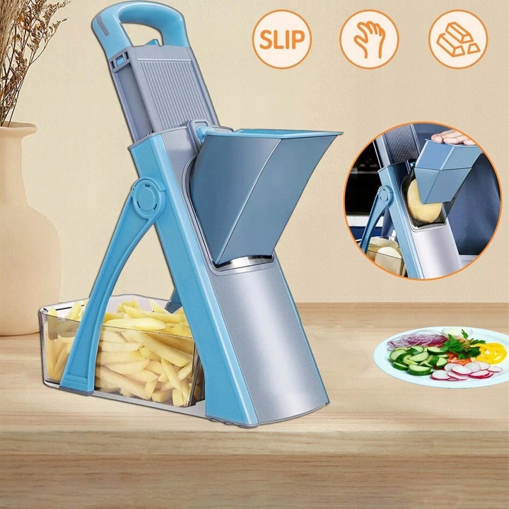 Razatoare multifunctionala pentru legume 31CJ-K0274-260814-5825, ajustare grosime 1-8 mm, lame inox 420, recipient colector, ABS+inox, albastru, 34.5 x 14.5 cm