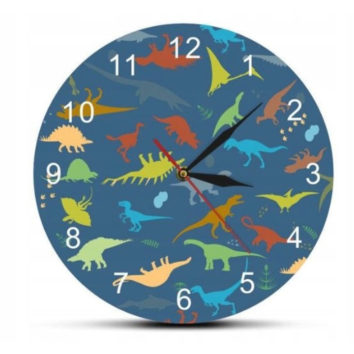 Ceas de perete pentru copii JS-APLMNNAZI cu design dinozauri, multicolor, 30 x 30 cm