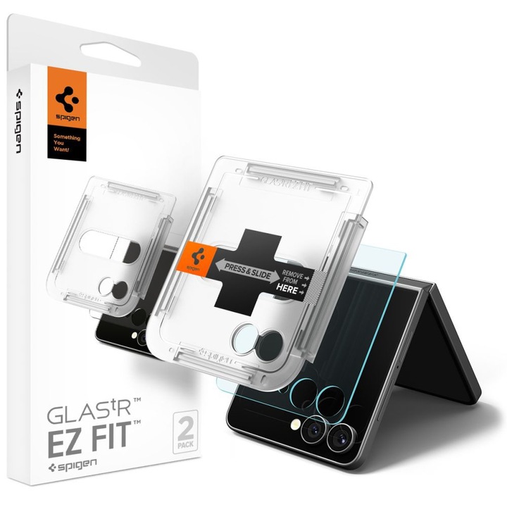 2 db-os csomag Üvegfólia Samsung Galaxy Z Flip 8 Spigen Glas.tR EZ-FIT HD-hez, Egyszerű és gyors telepítőkészlet automatikus illesztőeszközzel, Professzionális védelem, Ultra ellenálló, Átlátszó
