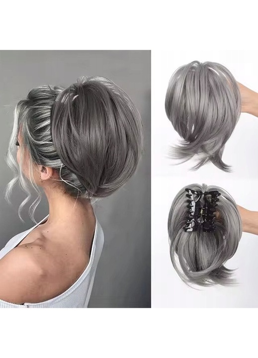 Extensie par tip messy bun cu clema, par sintetic, P2/613 gri-argintiu