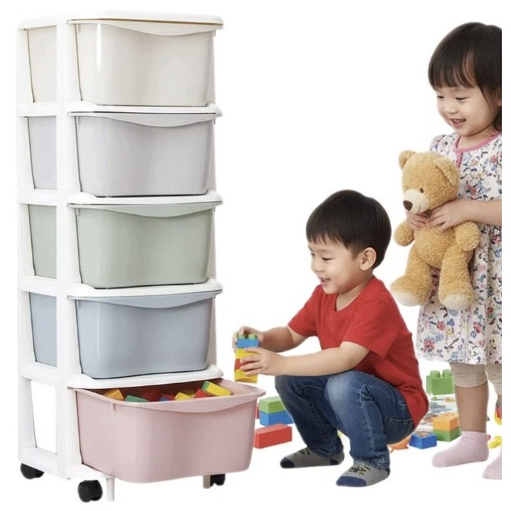 Organizator pentru jucarii cu 5 sertare AA1-ZZX1Y381, plastic, multicolor, cu roti