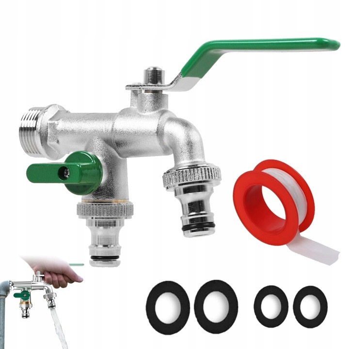 Robinet exterior dublu 3/4 model 31CJ-K0274-260814-5718, alama cromata cu valve cu bila si doua iesiri, argintiu/verde