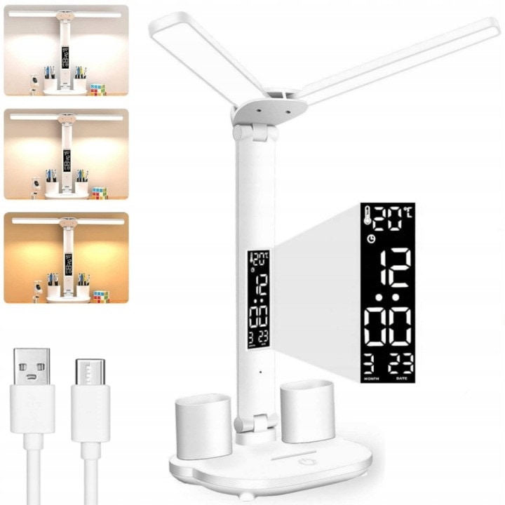 Lampa de birou LED pliabila 31CJ-K0274-260814-5742, dubla cu 3 temperaturi de culoare 3000/4500/6500K, 5 niveluri de luminozitate, protectie ochi, afisaj LCD (ceas/temperatura/umiditate), suport pixuri, incarcare USB, baterie 3200mAh, alb