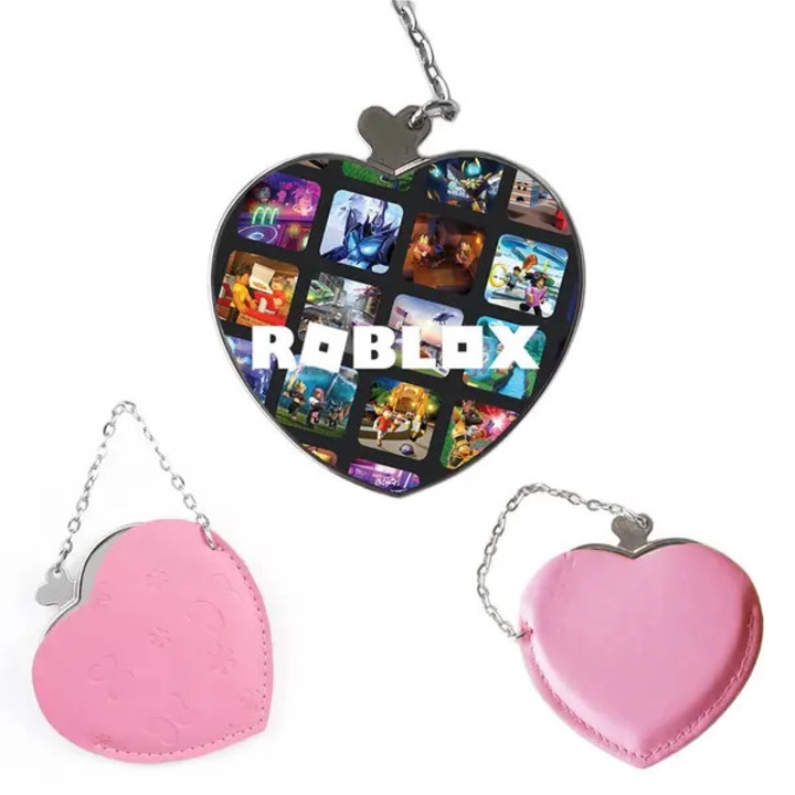 Oglinda de machiaj compacta in forma de inima Roblox, carcasa din piele sintetica cu lant, roz/negru, 68 x 70 x 4 mm