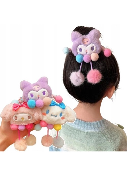 Bentita de par din plus Kuromi, mov cu pompoane multicolore, marime unica