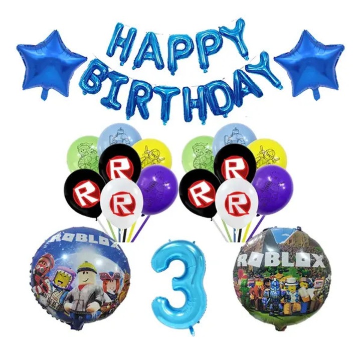 Set decoratiuni petrecere Roblox, consumabile de unica folosinta, 80 piese, baloane folie Happy Birthday si cifra 3, farfurii, pahare, servetele, sacose cadou, multicolor