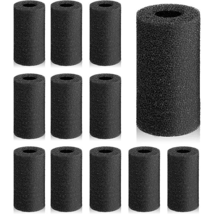 Set 12 bureti filtranti cilindrici pentru acvariu, prefiltru pentru pompe, diametru 8 cm, grosime 4 cm, orificiu interior 22 mm, negru, cod cidiscount-xwx-260818-343