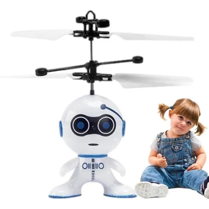 Drona jucarie robot cidiscount-xwx-260818-333, control prin gesturi si senzori infrarosu, ABS, alb