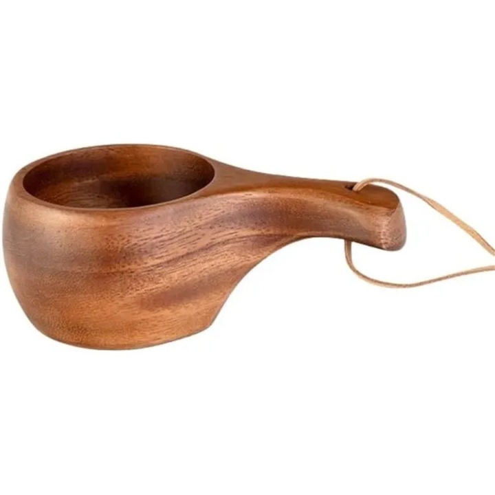 Cana din lemn de acacia cu maner si snur din piele, maro, 1 buc