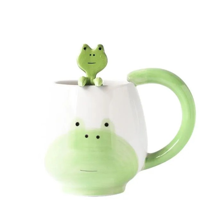Cana ceramica cu model broasca, cu lingurita, 400 ml, alb/verde, cidiscount-xwx-260818-1030