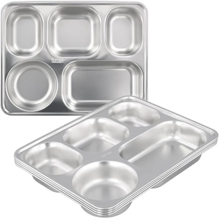 Set 5 farfurii compartimentate din otel inoxidabil 304, 5 compartimente, argintiu, 28 x 22 x 4.3 cm