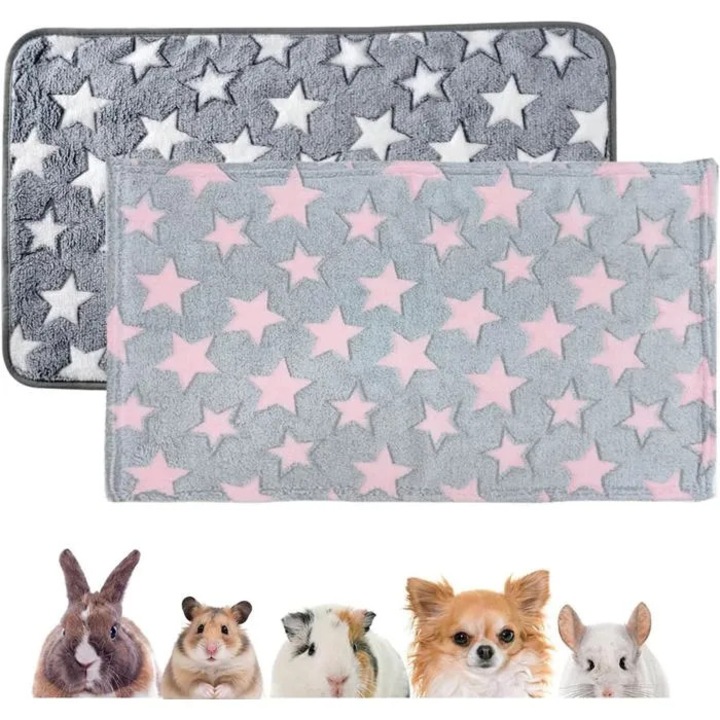 Covorase lavabile si reutilizabile pentru cusca animale mici, absorbante si impermeabile, poliester, model stele, gri/roz, set 2 x 40 x 60 cm