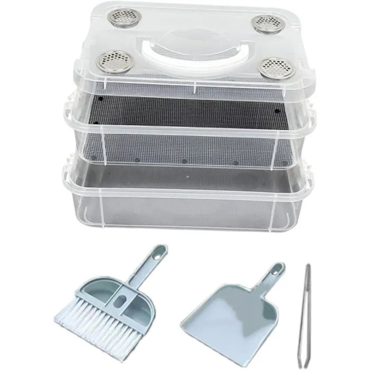 Cutie pentru cresterea viermilor de faina cidiscount-xwx-260818-347, transparenta, 3 etaje cu tavi si site, capac ventilat anti-evadare, set perie, lopata si penseta