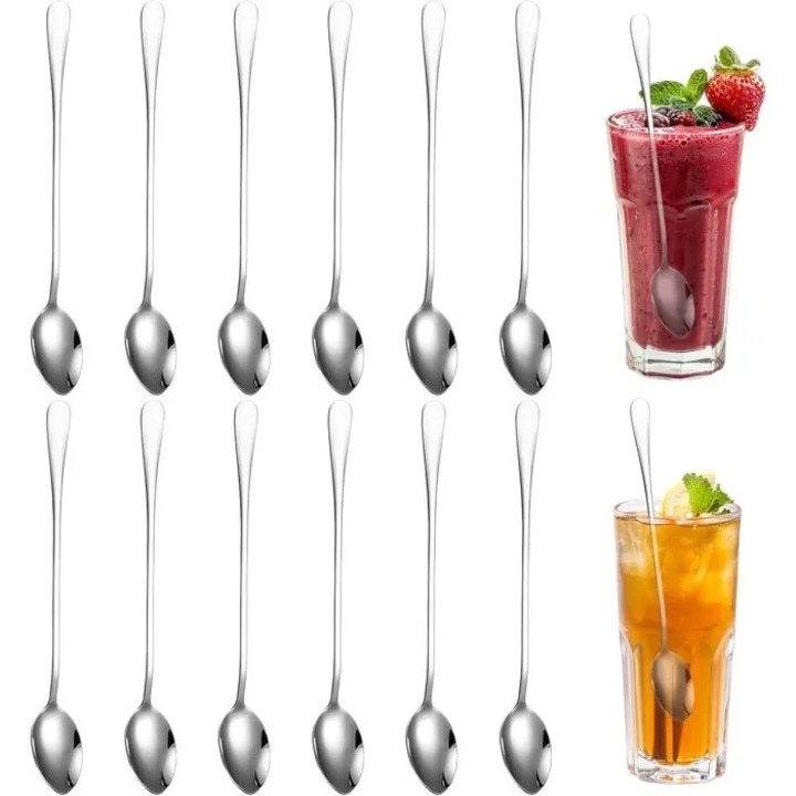 Linguri lungi pentru latte macchiato din otel inoxidabil, finisaj oglinda, argintiu, set 12, 19.7 cm