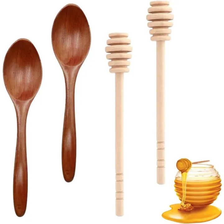 Set 4 linguri pentru miere din lemn, 2 linguri + 2 betisoare pentru miere, natural, 14–15 cm