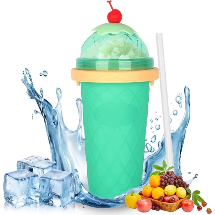 Set 2 pahare pentru slushy din silicon, cu capac si pai, design inghetata cu decor ciresa, multicolor