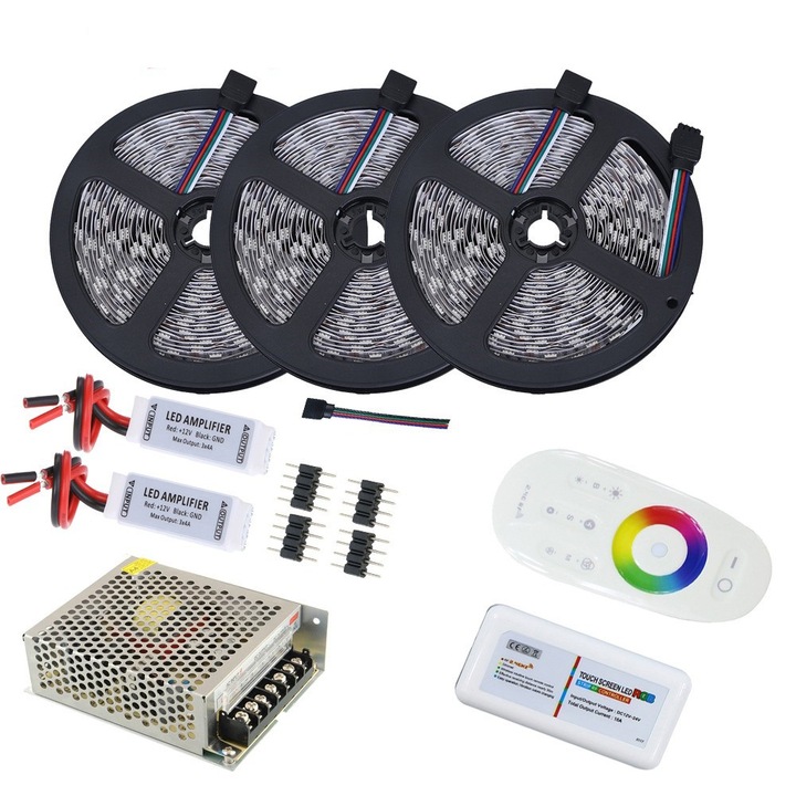Kit Banda led RGB 5050,60led/m , Transformator 15A, Telecomanda cu TouchScrean 15Metri