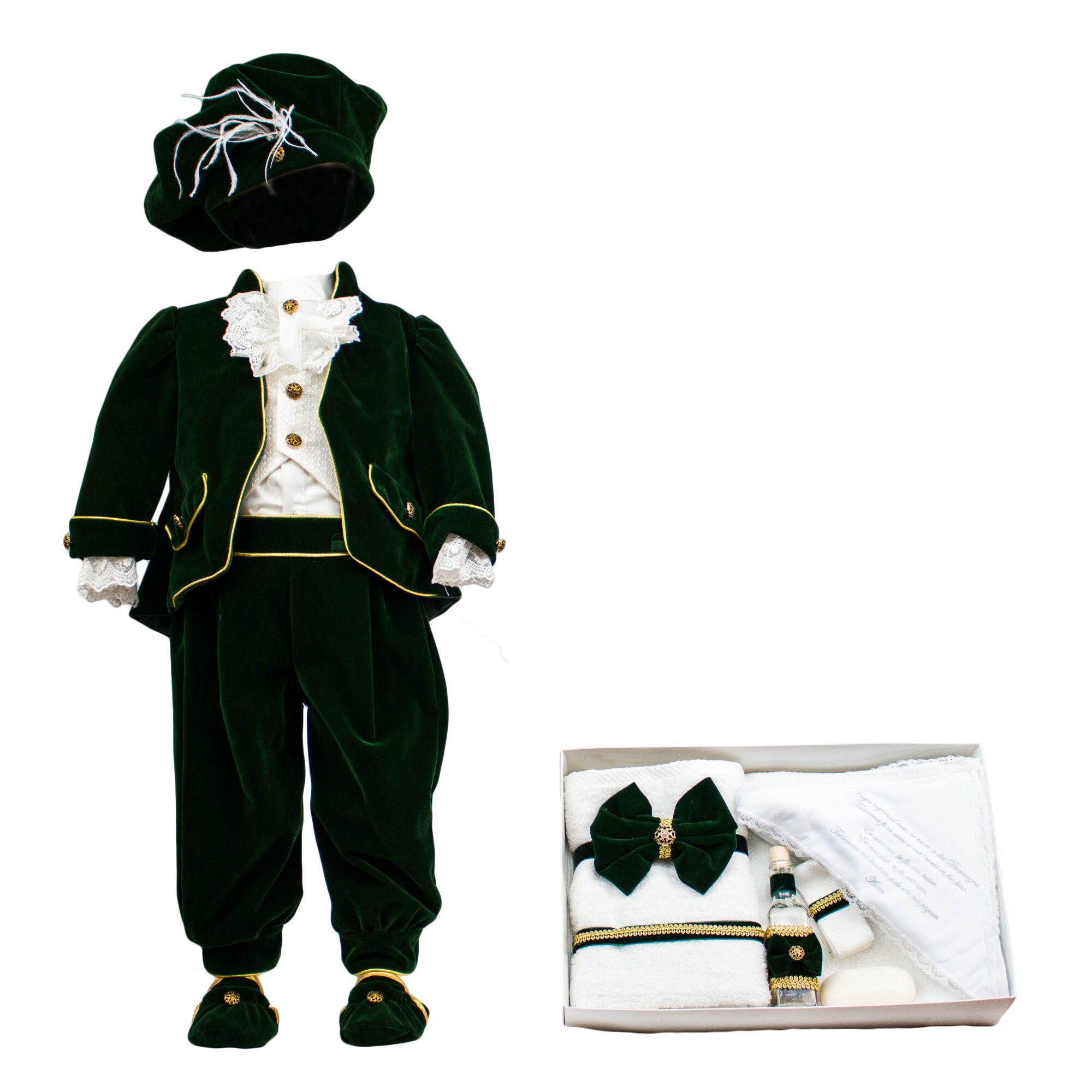 Set botez Regal din catifea verde, doua piese, varsta 3-6luni