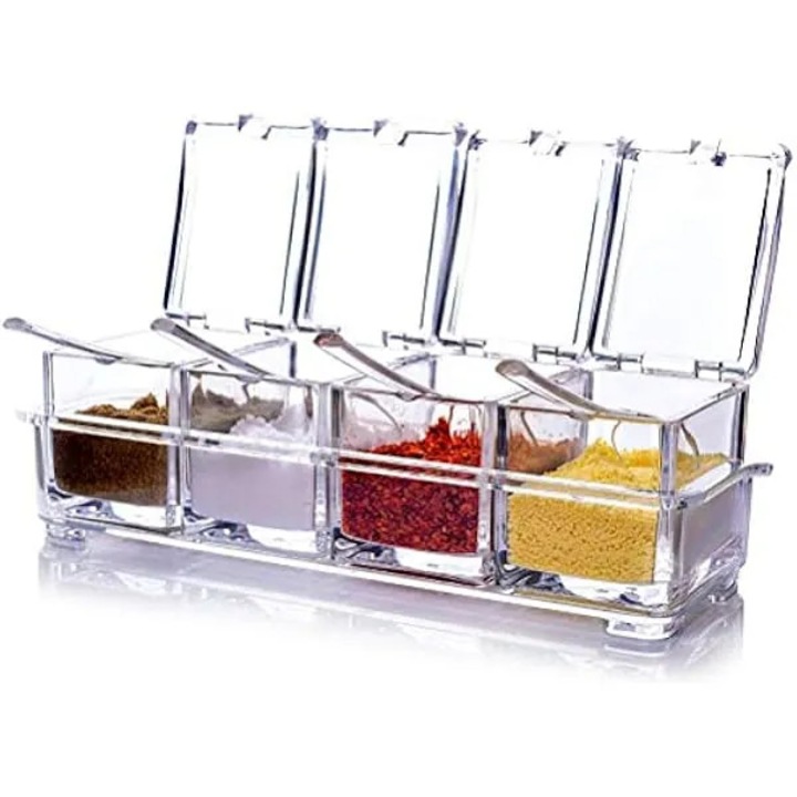 Set 4 recipiente pentru condimente K0569-260818-915-AMC, PS/TPE, cu linguri, etans/rezistent la umezeala, transparent, 25.8 x 9 x 7.2 cm