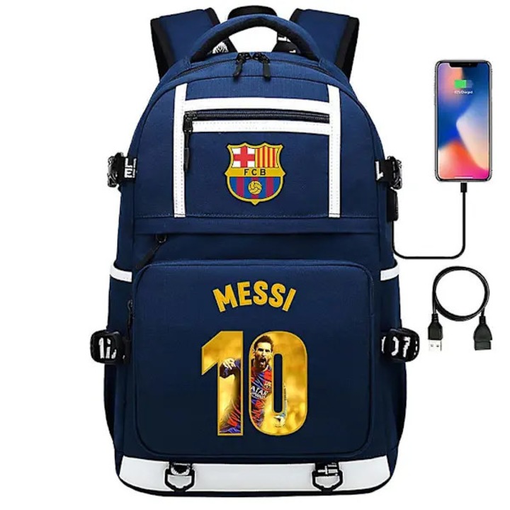 Rucsac pentru laptop din poliester rezistent la apa cu port USB, imprimat Messi 10 si emblema FCB, bleumarin/alb