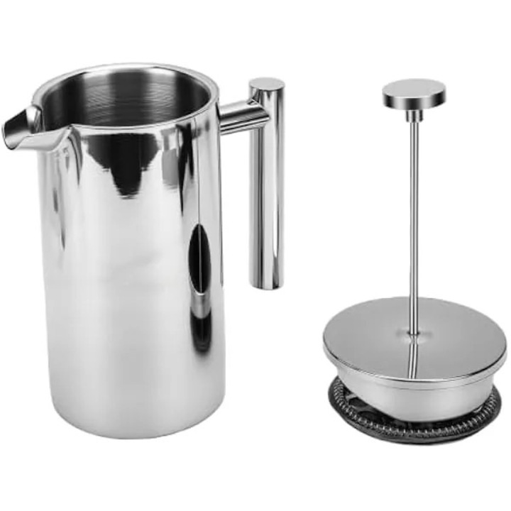 Cafetiera French press K0569-260818-1473-AMC, otel inoxidabil 304 dublu perete, filtru fin din plasa, lavabila in masina de spalat, inox, 1 L
