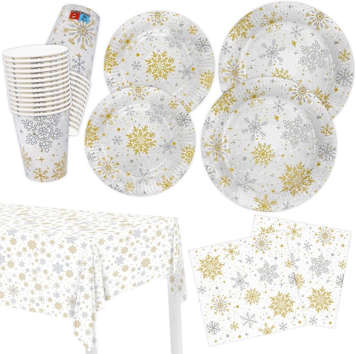 Eldobható karácsonyi étkészlet, HNH, 25 személyes, 100 darabos, desszerttányérok 18 cm, vacsoratányérok 23 cm, szalvéták 33 x 33 cm, poharak 250 ml, papír, arany és fehér, skót kockás, hópelyhek