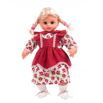 Papusa gigant Dominica, imprimeu floral, culoare alb/rosu, inaltime 55 cm Papusa gigant Dominica, imprimeu floral, culoare alb/rosu, inaltime 55 cm