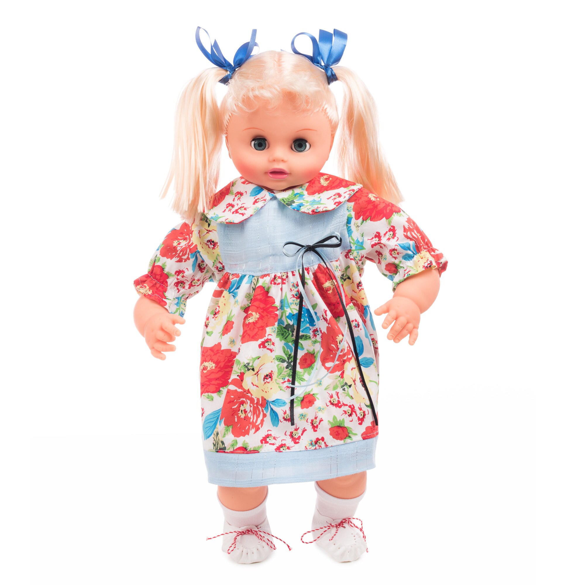 Papusa Mihaela cu imprimeu floral, culoare rosu/albastru, inaltime 55 cm